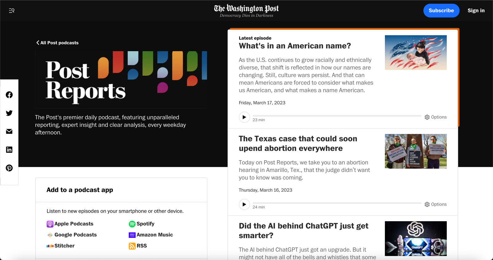 ​​Screenshot of the Washington Post website Post Reports podcasts section shows a list of podcast episodes on the right-hand side of the page. There are play buttons and options buttons visible for each episode, but there is not a transcripts button visible because the user has to click ‘Options’ to find it.