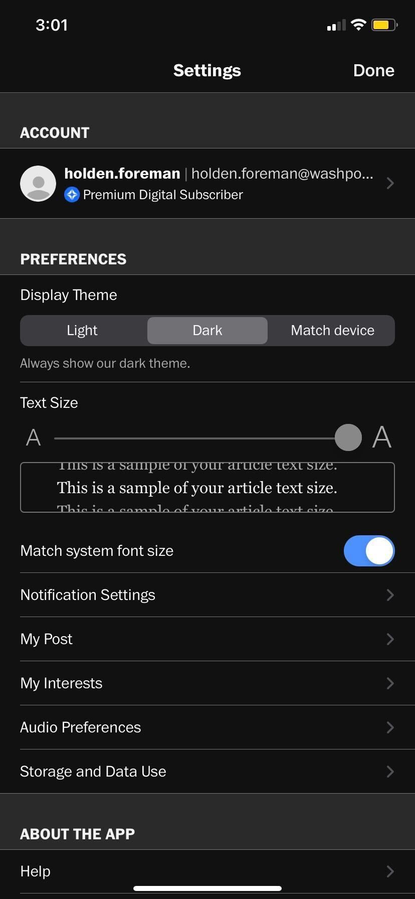 Screenshot of the Washington Post mobile app shows the settings menu has been opened. Various options are shown, including a light/dark mode toggle and text size scaler. A ‘Done’ button is visible in the top right corner of the screen.