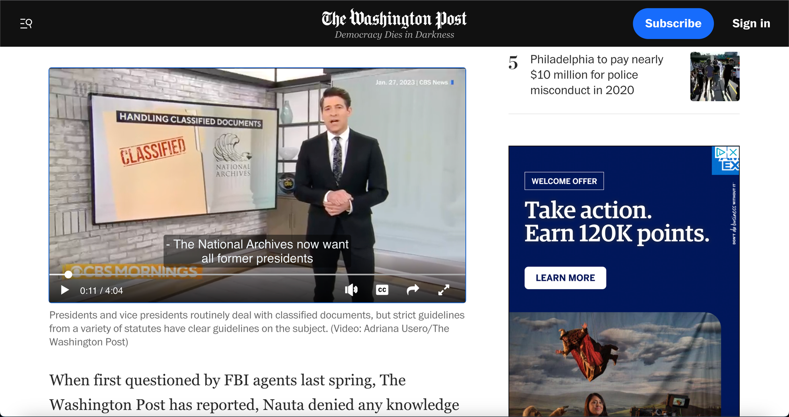 Screenshot of an article on the Washington Post website shows an embedded video. Closed captions are visible on the video. There is a closed captions button labeled ‘CC’ in the bottom right corner of the video, to the left of the ‘share’ and ‘full screen’ icon buttons.
