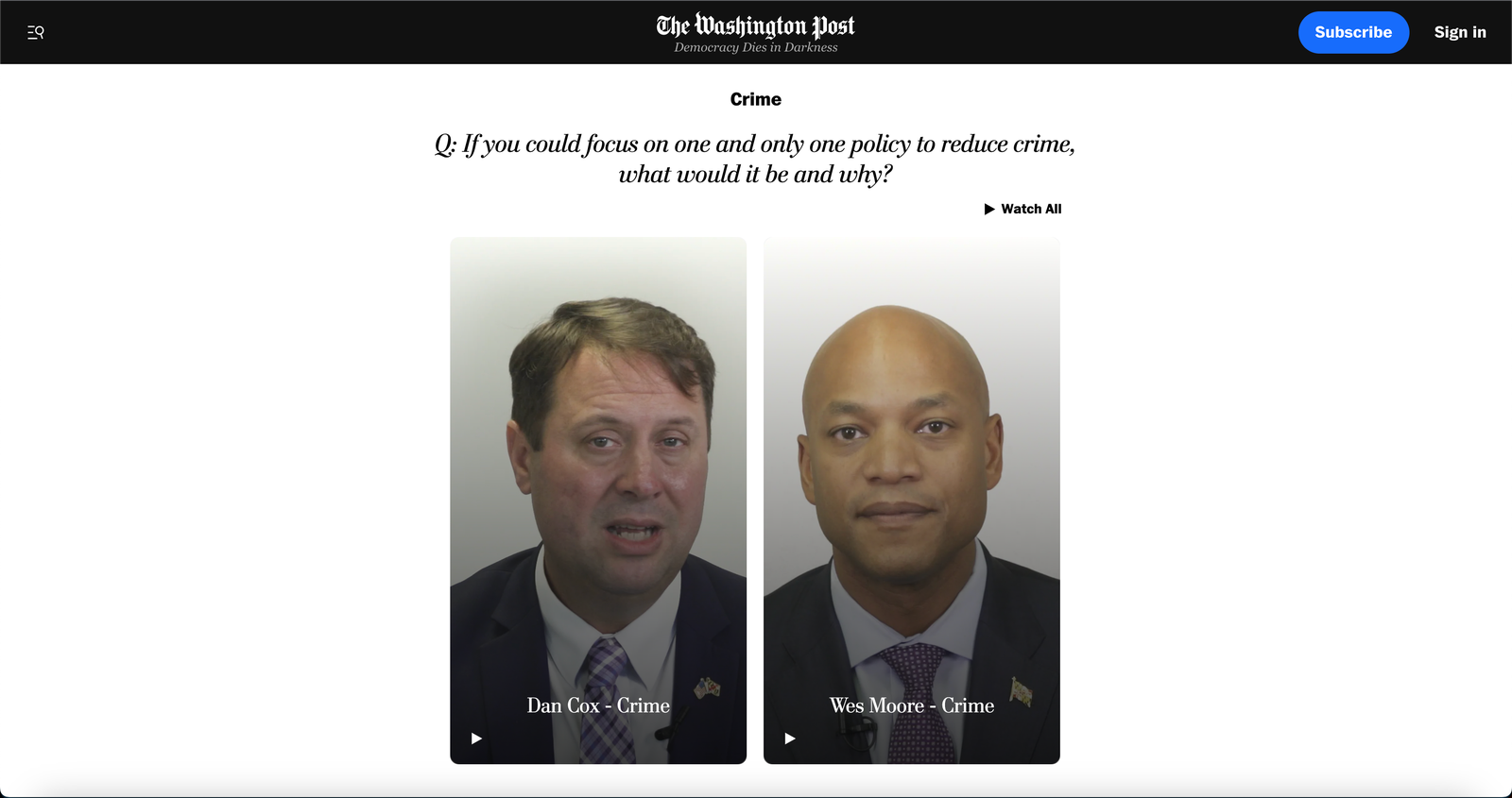 ​​Screenshot of an article on the Washington Post website shows two vertical video embeds side by side. There are no captions visible on the videos because the user has to click into the video to see the captions.