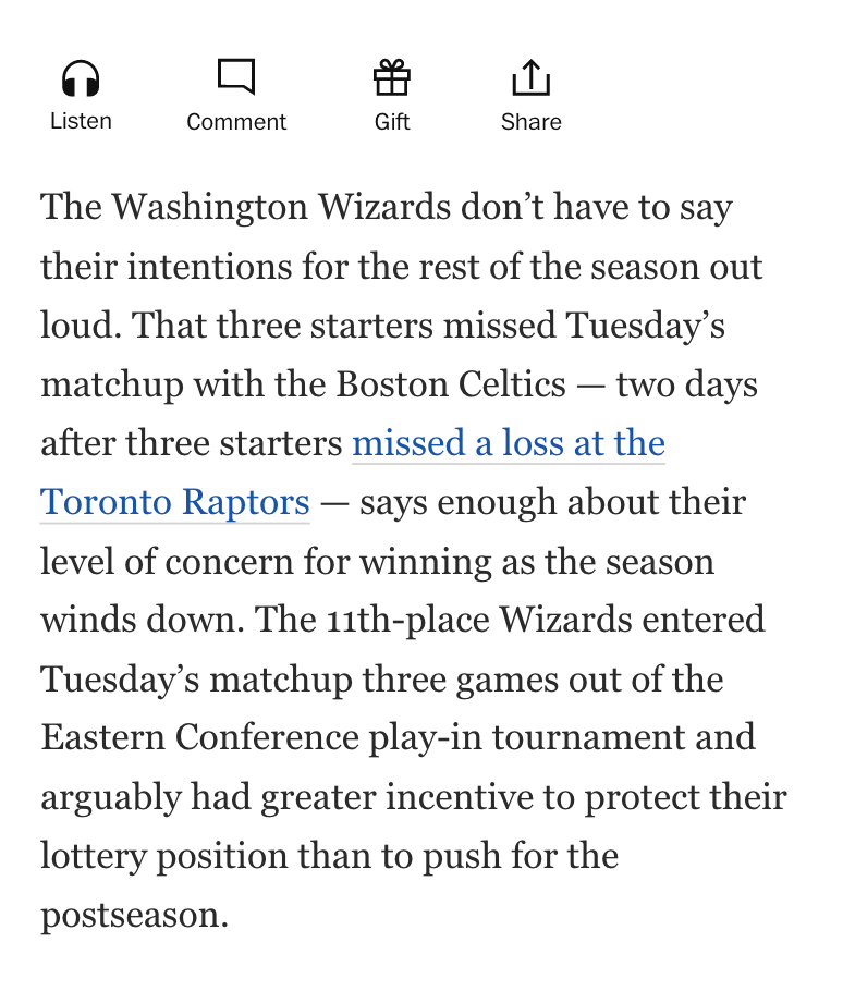 Screenshot shows a Washington Post article on a mobile screen size, with the Listen button positioned above the first paragraph of the article. On mobile screen sizes, the button consists of the headphones icon stacked above the word ‘Listen.’ No approximate runtime is shown on mobile.
