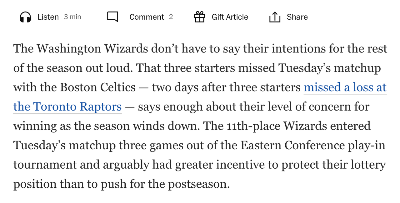 Screenshot of a Washington Post article shows the Listen button, which is positioned above the first paragraph of the article and consists of a headphones icon to the left of the word ‘Listen’ and an approximate runtime, in this case ‘3 min.’
