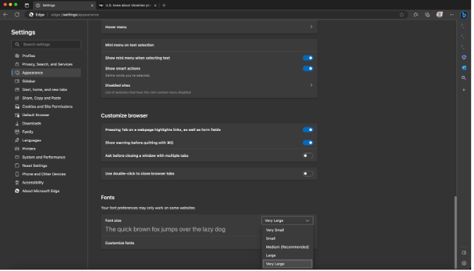 Screenshot of the Microsoft Edge settings page with the Appearance tab open and showing the dropdown menu to adjust font size to one of five settings: 'Very small,' 'Small' 'Medium''Larg' or'Very large'