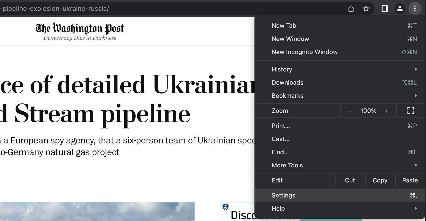 Screenshot of the Google Chrome browser’s options dropdown showing the link to settings