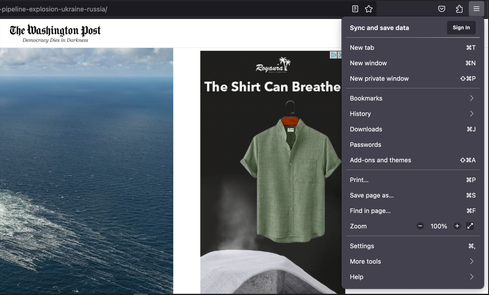​​Screenshot of Firefox “Open application menu” button with the dropdown opened and the “Settings” link highlighted