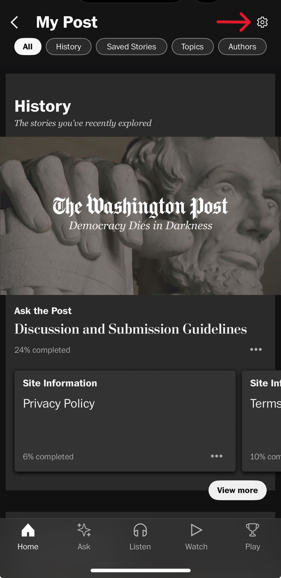 Screenshot of the Washington Post mobile app shows how to access the Settings icon.