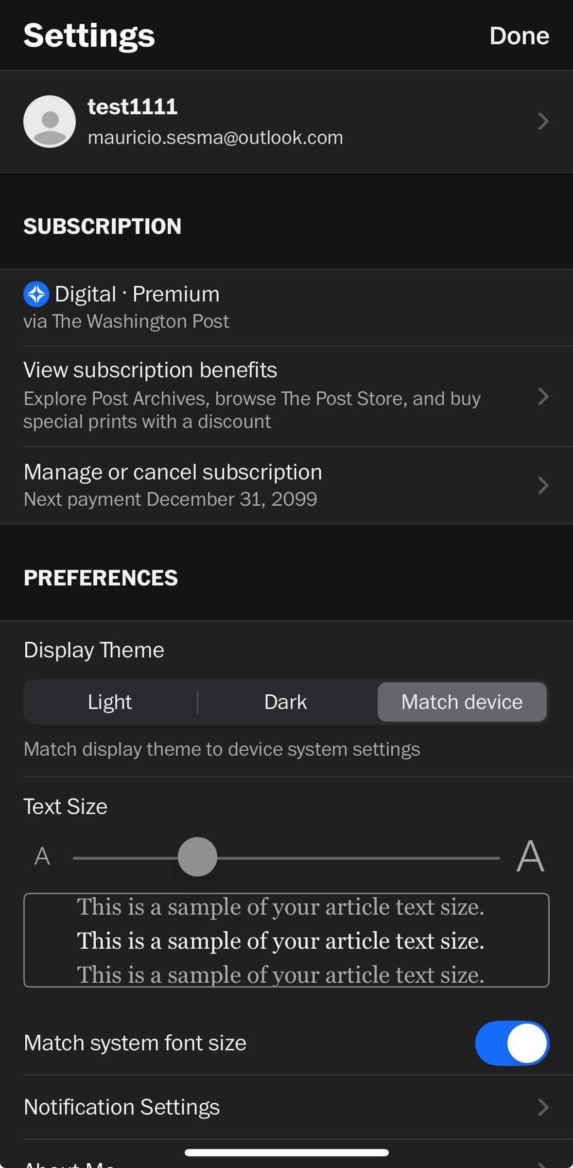 Screenshot of the Washington Post mobile app shows how to change text display size.